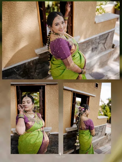A collage showcasing various poses from an outdoor maternity shoot. It highlights the mother's beautiful traditional braid and joyful expressions from different angles.