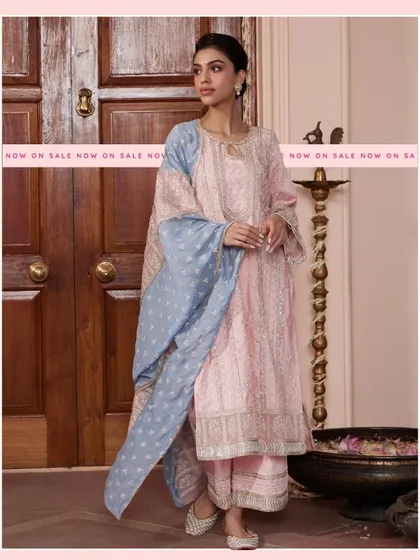 The Briti Pink Kurta Set, as seen on Alia Bhatt. This piece features a beautiful combination of pink and blue, crafted from Pima cotton for a soft, festive feel.
