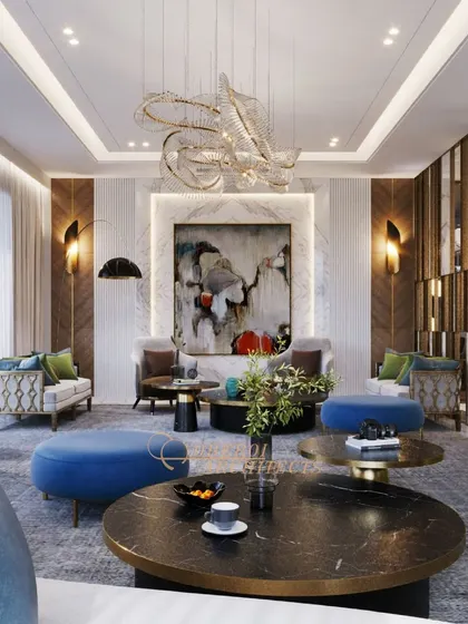 A wider perspective of the colorful living room, showing how different seating arrangements create multiple zones for conversation and relaxation.