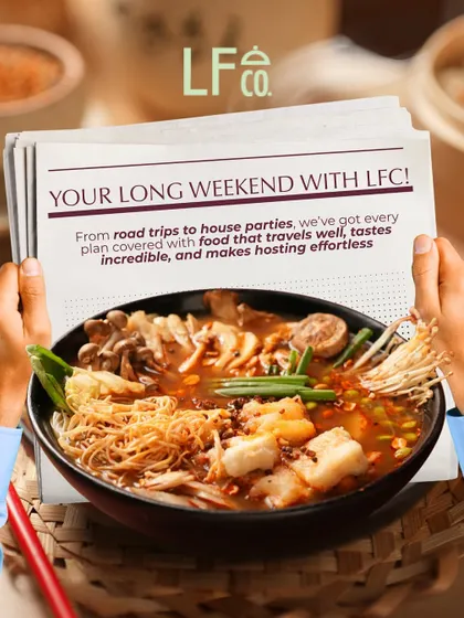 A creative shot announcing my long weekend offerings, with the Hot Pot bowl featured prominently. It frames the meal as the perfect solution for effortless and incredible hosting.