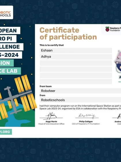 This certificate was awarded to our student team, Eshaan and Adhya, for successfully running their computer program on the ISS. It marks a monumental achievement in their coding journey.