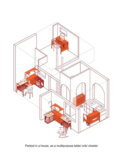 The cart's life extends beyond the street. This diagram shows how its components can be disassembled and upcycled into multipurpose furniture for the home, such as a desk, a kitchen counter, or even a child's crib.