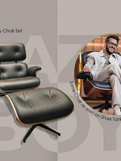 You might recognize this one. This is our Lazy Boy Chair set, the same iconic design seen on Shark Tank, complete with a matching ottoman. It's the ultimate chair for relaxation, offering exceptional comfort and timeless style.