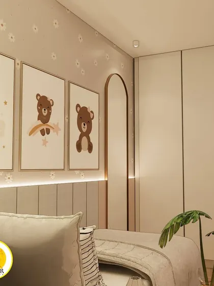 A cute and cozy kids' room with bear-themed artwork and a custom bed.