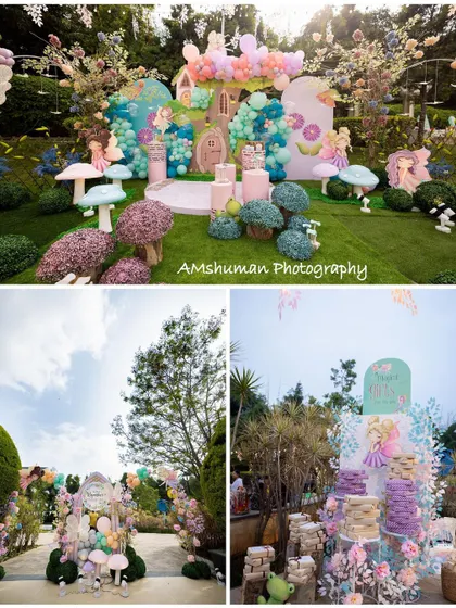 A collage showcasing the grand scale of our fairyland party decor. It highlights the custom entrance, the main backdrop with its fairy house and balloon art, and the themed dessert display, showing how I transform an entire venue.