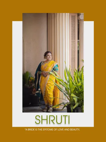 A portrait of the bride, Shruti, looking radiant in her traditional yellow wedding attire against a backdrop of lush greenery.