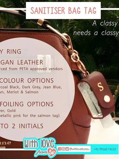 A step-by-step guide to ordering your custom sanitizer tag. First, pick your leather color, then choose your initials and foiling, and finally, decide if you want to add a charm.