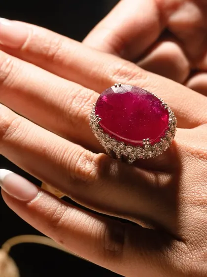 The vibrant red hue of this magnificent ruby, encircled by a halo of brilliant diamonds, makes for a truly show-stopping cocktail ring. It's a piece that exudes confidence and timeless elegance.