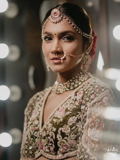 A stunning beauty shot of the bride, Meetali, looking confidently into the camera, with a backdrop of vanity lights.