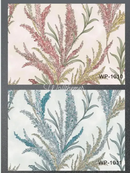 Two color options for a feathery plant wallpaper, one in pink and one in blue.