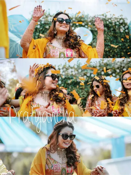 A collage of the bride's fun and stylish entrance at her Haldi party, full of smiles and dancing.