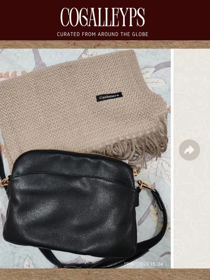 A customer photo showing her new cashmere scarf and leather sling bag together. A perfect combination.