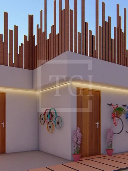 This render for the Gurgaon project showcases a creative feature wall with decorative bicycle planters and a unique slatted wood design on the upper level.
