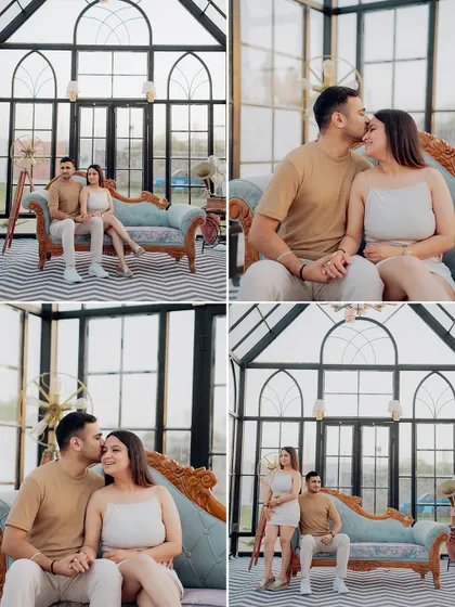 A collage of moments from the indoor glasshouse shoot, showing a variety of both posed and candid interactions.
