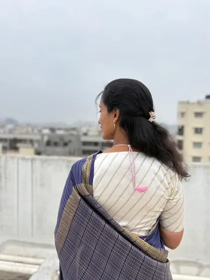 A simple, elegant shot of a client in her custom saree. I love the way she has styled it.