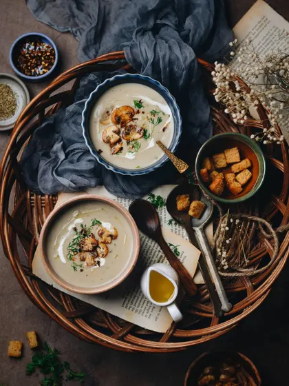A cozy tray of creamy mushroom soup. The rustic, layered styling with a wicker tray, linens, and croutons tells a story of a comforting meal on a cold day.