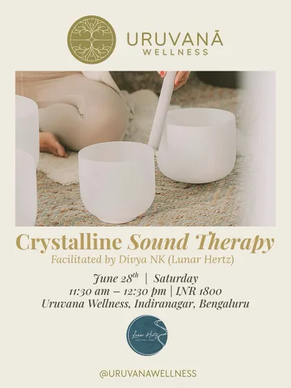 Experience Crystalline Sound Therapy, a deep frequency healing journey. Using the pure tones of crystal bowls and the element of water, we guide you to soften, surrender, and let sound realign your entire system.