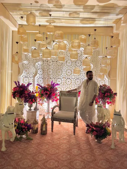 The stunning decor for a Sufiyana evening in Jaipur. I love working in venues that provide such a grand and atmospheric backdrop for the celebrations.