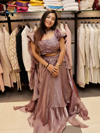 A full-length view of this trendy Indo-Western outfit, perfect for the fashion-forward wedding guest.