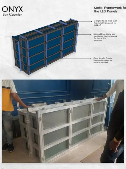 The metal and acrylic framework being assembled on site.