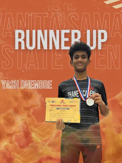 Yash Dhembre with his runner-up medal in the U17 Boys Singles at the Vanita Samaj Open State Tournament.