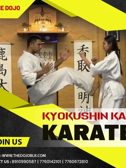 A student and instructor practice Kyokushin Kan Karate. This full-contact discipline builds incredible toughness, self-discipline, and confidence through rigorous training and sparring.