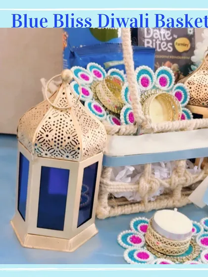 A detailed close-up of the beautiful Moroccan-style lantern included in the 'Blue Bliss' Diwali basket.