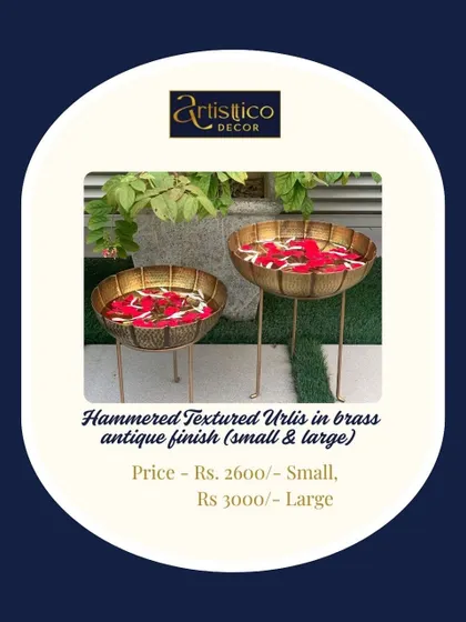 My hammered textured urlis in a brass antique finish are a must-have for a 'shaadi wala ghar'. Available in two sizes, they are perfect for creating beautiful floral displays at the entrance.
