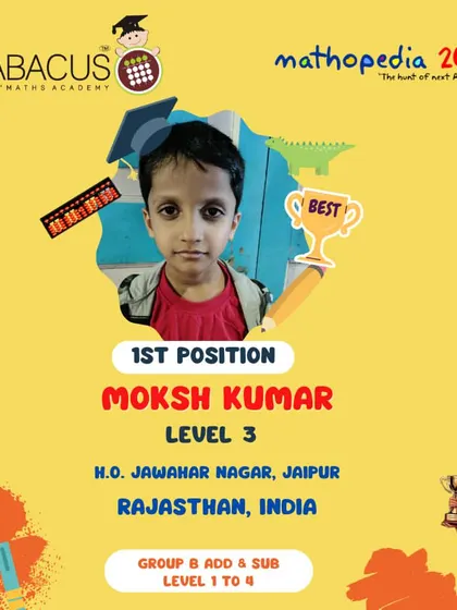 Moksh Kumar from our head office in Jawahar Nagar, Jaipur, securing 1st Position.