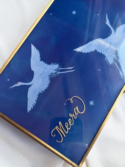 Gold on blue is always a classic. I engraved this gorgeous blue crane jewelry box with a custom name, making it the perfect birthday gift. The elegant calligraphy adds a final personal touch.