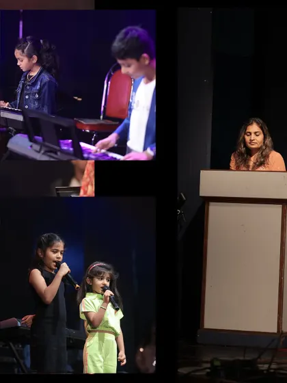 A collage of our talented young performers at the annual concert, featuring students on piano and vocals. Their confidence on stage is truly inspiring.