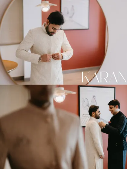 A collage of the groom getting ready for his wedding, showing him being assisted by family members and looking sharp in his white sherwani.