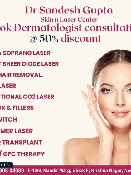 This ad offers a discount on a dermatologist consultation and lists the wide array of advanced treatments available at my clinic, including Alma Soprano Laser, CO2 Laser, Botox, Fillers, and PRP/GFC therapy.
