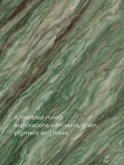 A marbled mood. This image captures our exploration of different marbles, playing with veins, grain, and pigment to find the perfect stone to act as a character in the room.