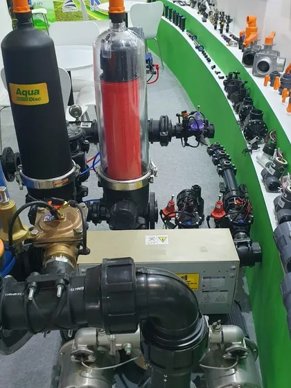 A close-up of our product display at the Growtech Exhibition in Vietnam, showcasing our Twin MachClean, Automatic Disc Filter, and a variety of valves.