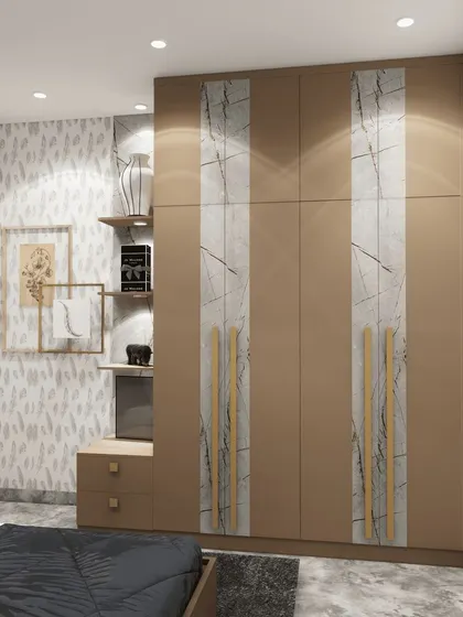 A modern wardrobe with beige shutters featuring vertical marble-finish inlays. The design includes an attached side table and open shelving.