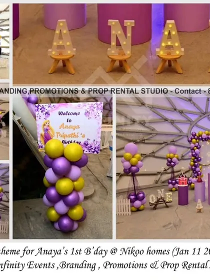 A beautiful lavender theme for a first birthday at Nikoo Homes. The setup features a balloon arch in shades of purple and gold, with cylinder tables and small marquee letters, all set against the venue's stunning architectural backdrop for a truly memorable event.
