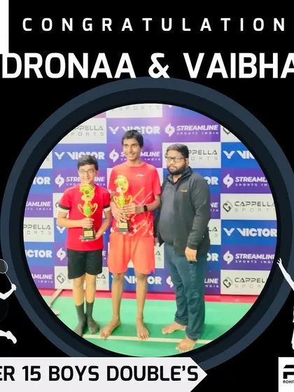Congratulations to Dronaa and Vaibhav for their performance in the Under 15 Boys Doubles. Teamwork and coordination are key skills we emphasize.
