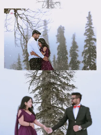 Intimate moments captured amidst a gentle snowfall in Kashmir. These photos highlight the romance of a winter wonderland pre-wedding shoot.