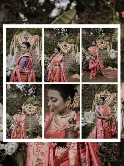 This collage presents different angles of the bride in her nauwari, from close-up details of her jewelry to full-length poses, giving a complete view of her stunning look.