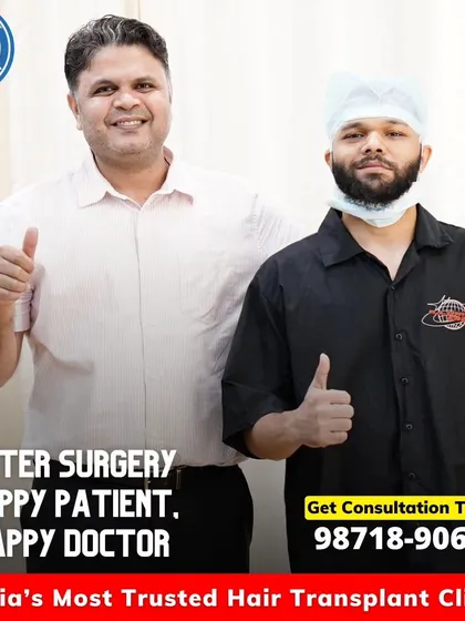 After surgery, the journey to new hair begins. Here I am with a happy patient, showcasing the immediate results of his hair transplant procedure.