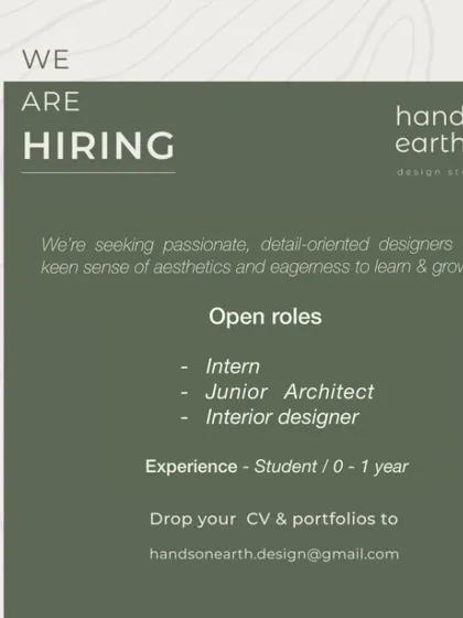 Hands-on Earth, a design studio in Hyderabad, is seeking a Junior Architect with 0-1 year of experience, emphasizing a keen sense of aesthetics.