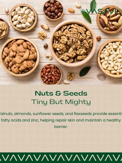 Nuts and seeds are tiny but mighty when it comes to skin health. Walnuts, almonds, and flaxseeds provide essential fatty acids and zinc, which help repair the skin and maintain a healthy barrier.
