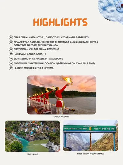 Our Char Dham Yatra is more than just the temples. This graphic shows the other incredible places we cover, such as the Ganga Aarti and the confluence of rivers at Devprayag.