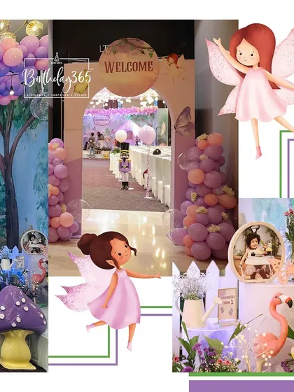 More details from the purple fairy-themed party, including the welcome entrance, cake table, and character props.