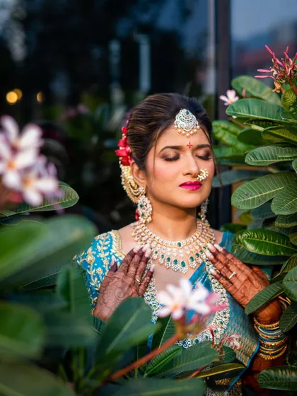 This stunning shot captures the serene beauty of a South Indian bride. I teach my students how to create makeup that feels timeless and enhances the bride's natural elegance.