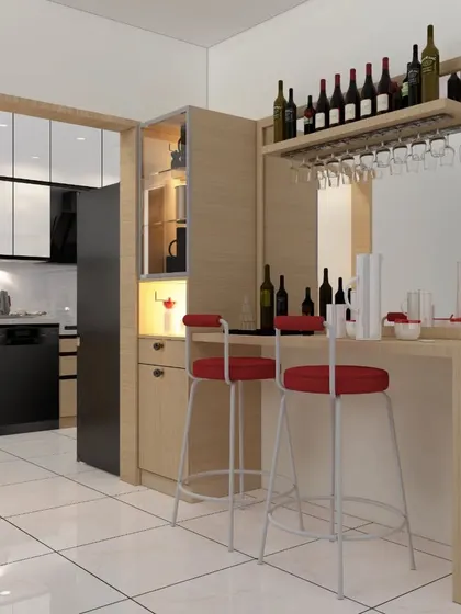A close-up of the compact home bar setup, complete with a wine rack, glass holders, and seating. This shows how we can integrate specialized features even in smaller apartments.