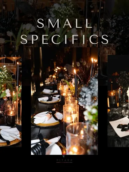 A collage showcasing the small specifics of the tablescape. Black candles, white napkins tied with black ribbons, and delicate floral arrangements created a high-contrast, elegant look.