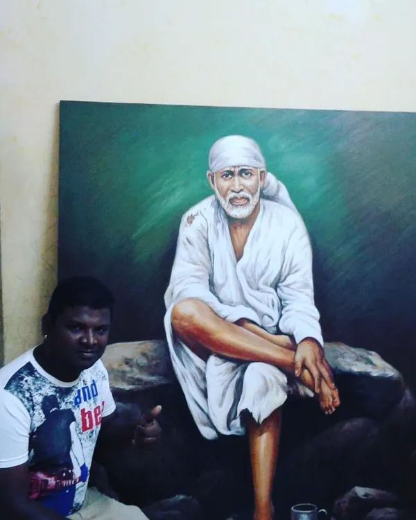 This large-scale portrait of Sai Baba is an example of our detailed canvas work. A custom canvas painting allows you to have a powerful artistic focal point in any room.