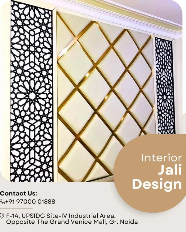 An interior jali design featuring a combination of geometric laser-cut screens and a quilted, gold-trimmed upholstered panel. This element serves as a luxurious and artistic headboard or wall feature.
